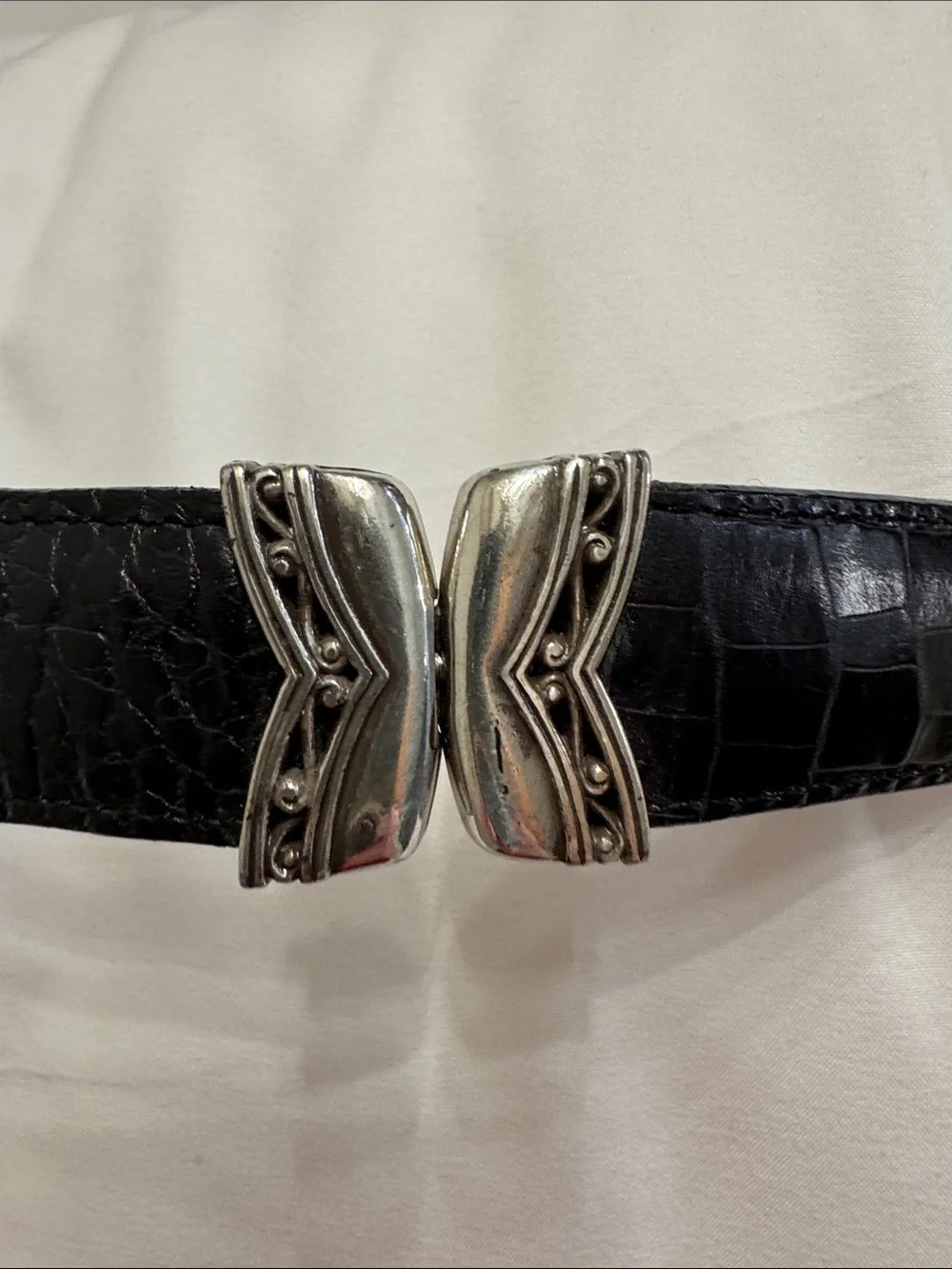 Vintage Brighton Reversible Croc-Embossed Leather Belt w/Ornate Silver Buckle